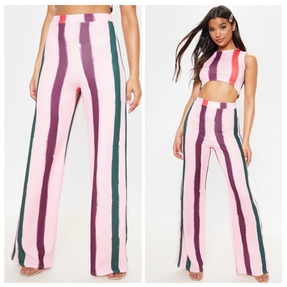 PRETTYLITTLETHING Light Pink Multi Stripe Wide Leg Pants - Picture 1 of 3